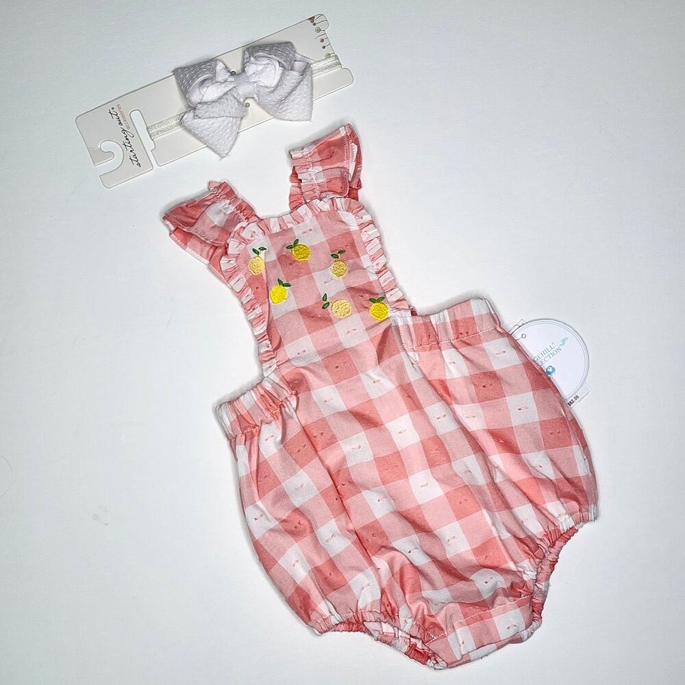 Edgehill Collection Pink Lemon Sunsuit & Bow Headband Size 6 Months